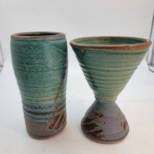 Studio Art Pottery Flared Goblet and Carafe/Vase Green Blue Purple Stoneware